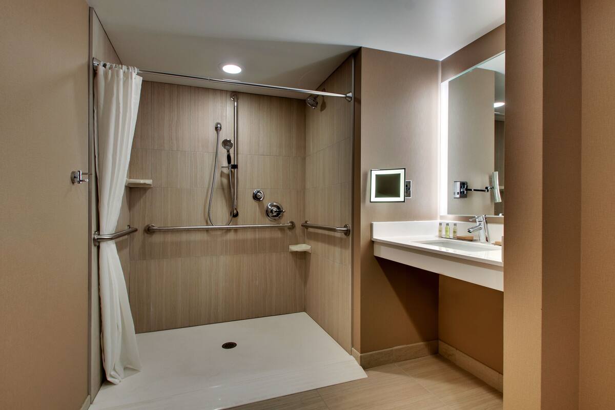 shower, free toiletries, hair dryer, towels