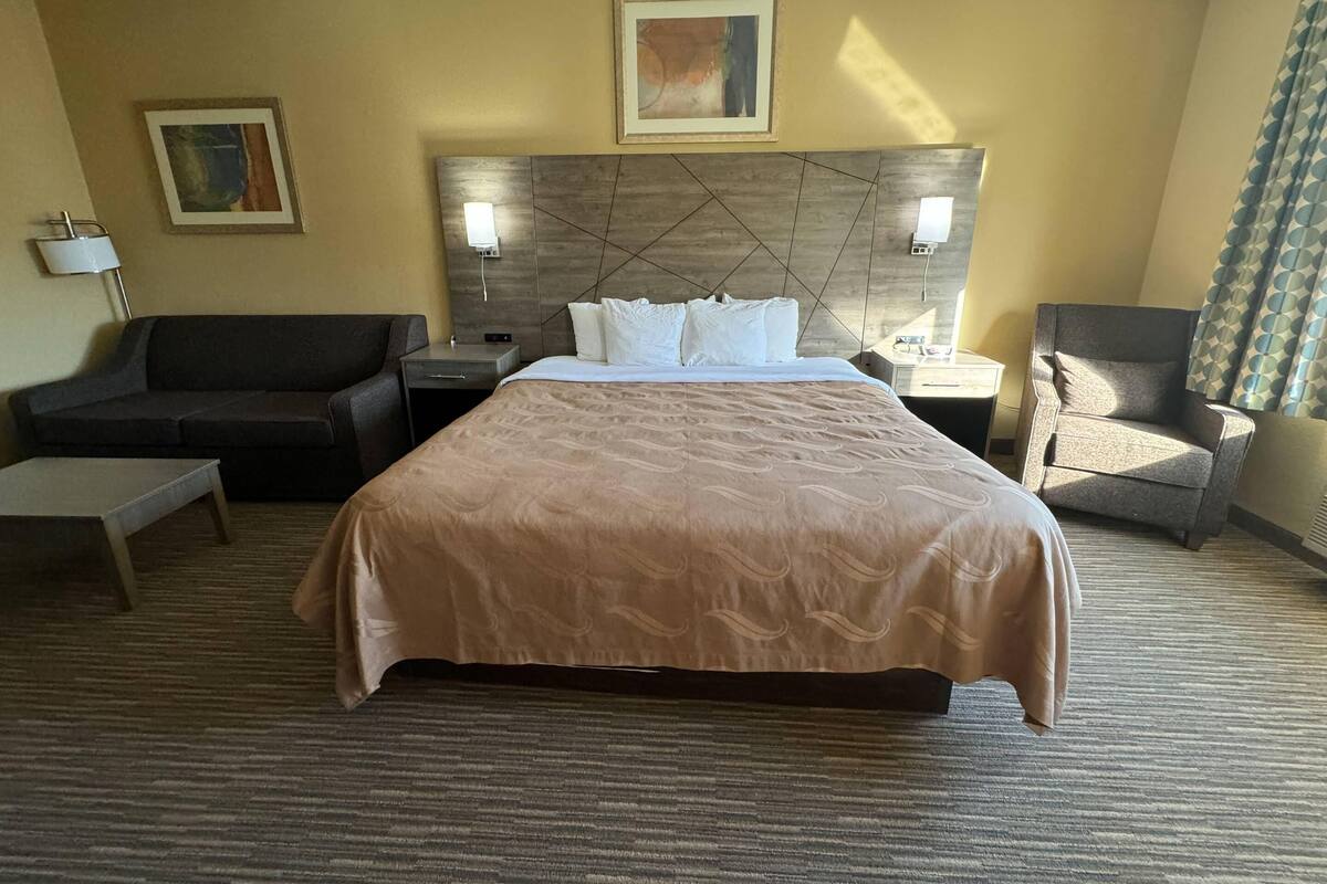 Habitación de hotel con una cama grande, un sofá, una silla, una mesita de noche, una lámpara y un cuadro en la pared.