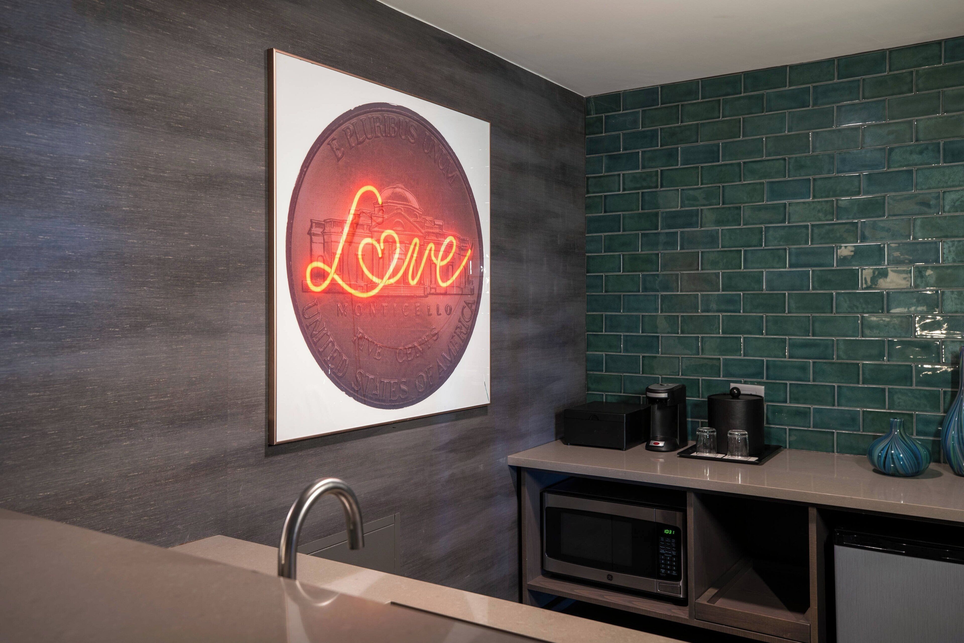 fridge, coffee/tea maker, eco-friendly cleaning products