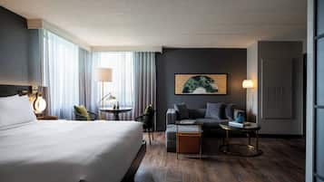 Down comforters, pillowtop beds, in-room safe, desk