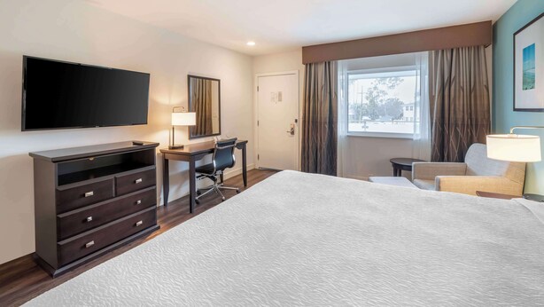 Une chambre d’hôtel avec un grand lit, un bureau avec une chaise, un téléviseur à écran plat, une commode et une fenêtre avec des rideaux.