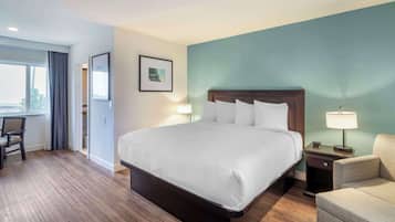 Habitación de hotel con una cama grande, un escritorio, una silla y vistas al exterior.