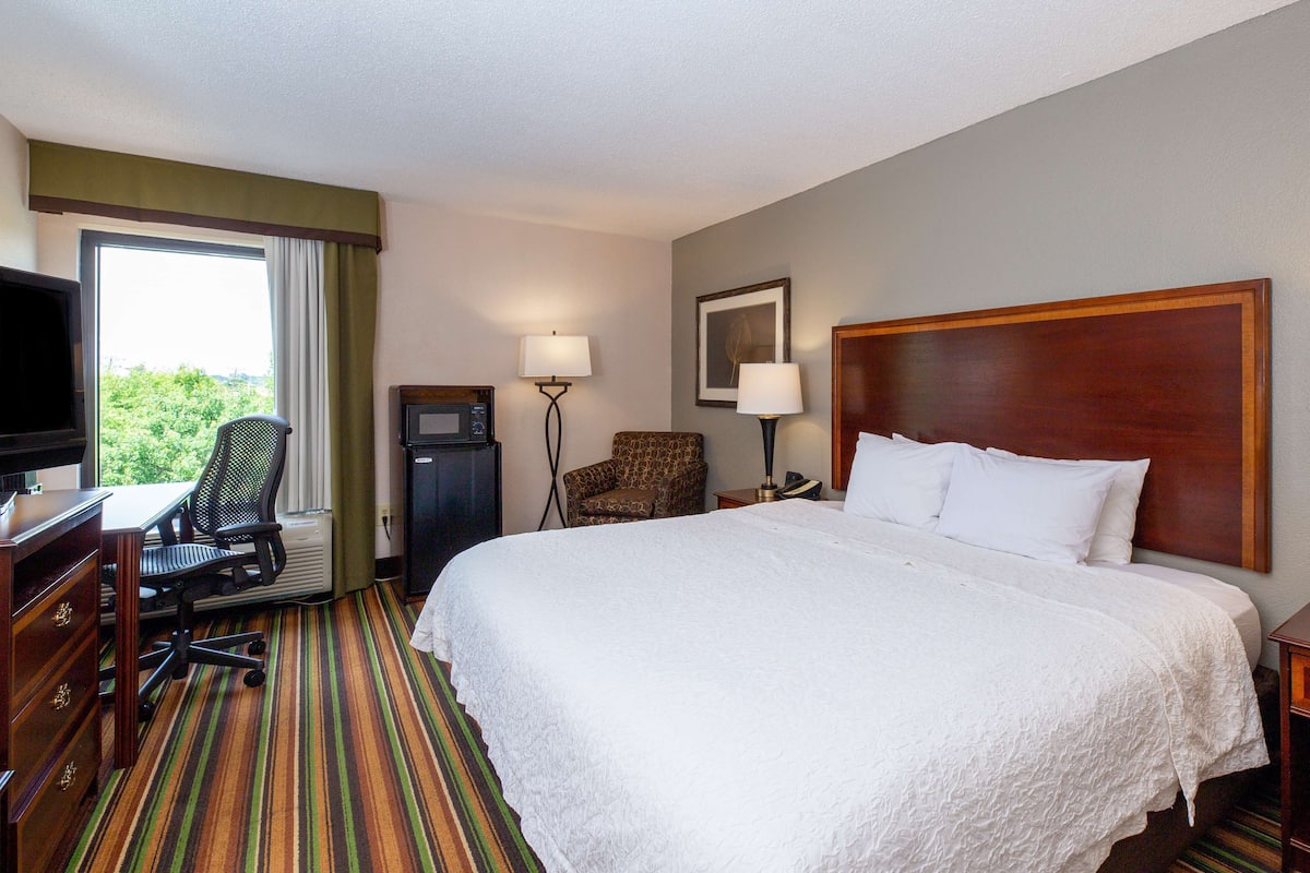 A hotel room with a large bed, a desk with a chair, a television, a lamp, and a picture on the wall.