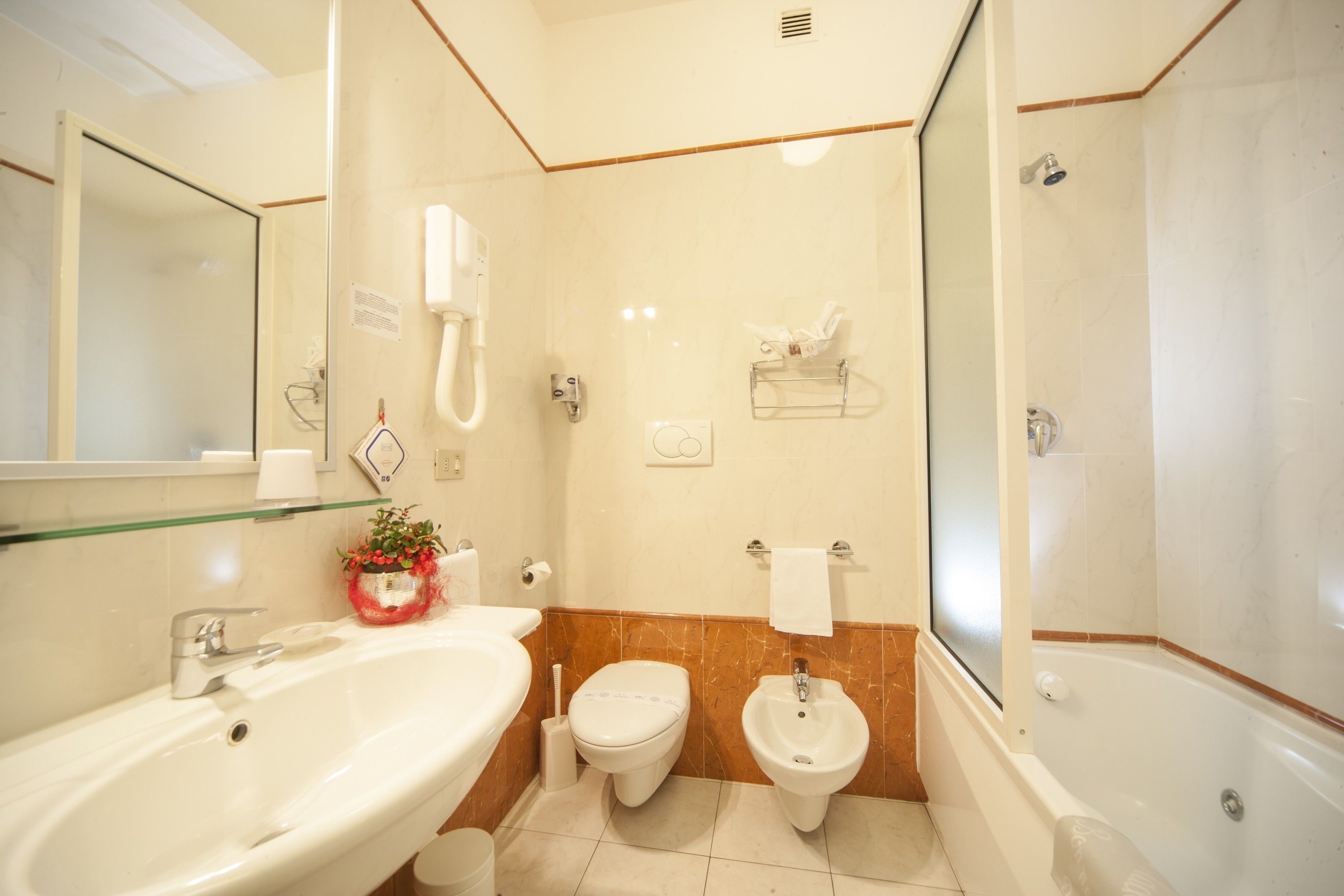 free toiletries, hair dryer, bidet, towels