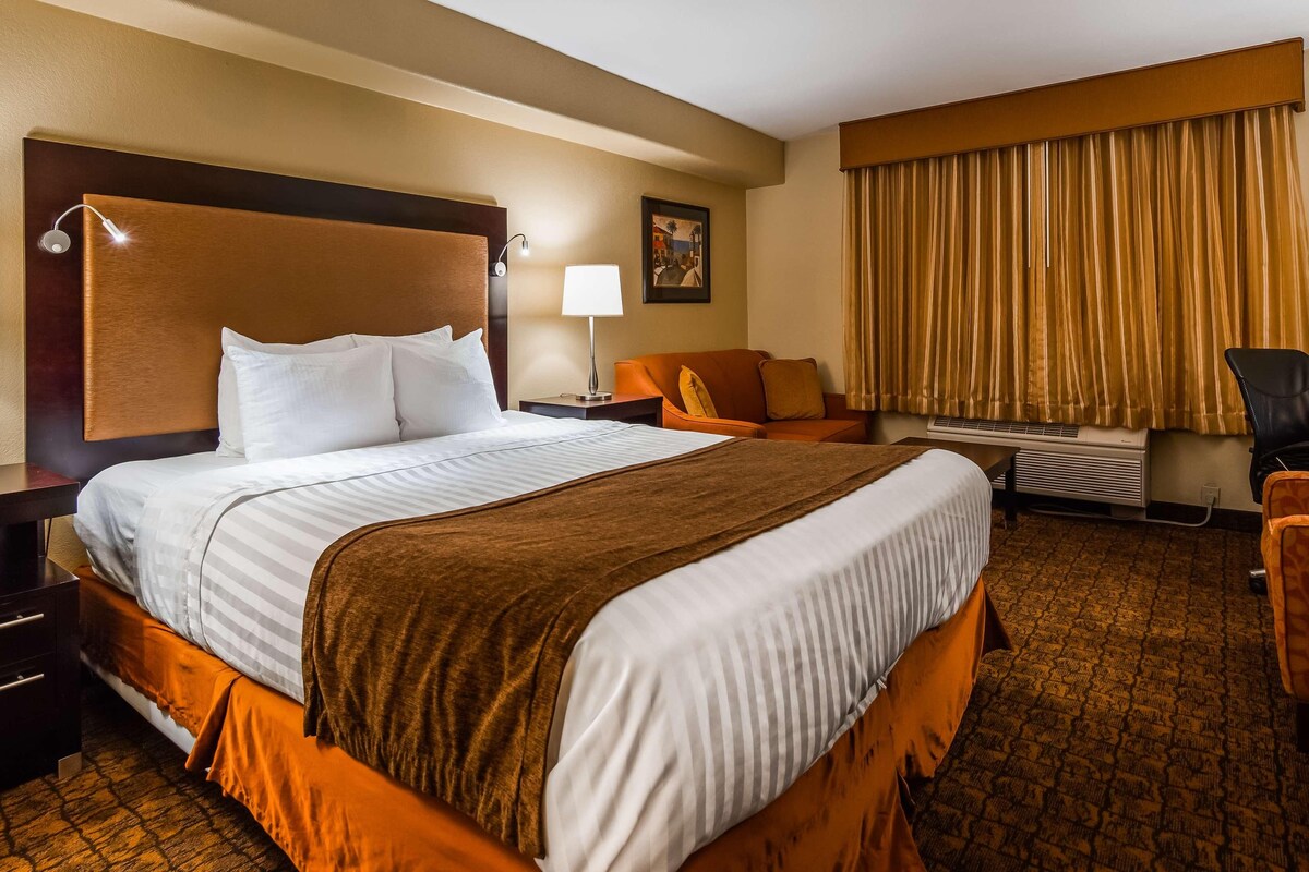 A hotel room with a large bed, two bedside tables, a desk, an office chair, a sofa, a large window with curtains, and a painting on the wall.