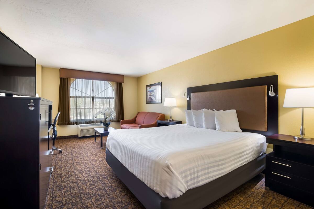A hotel room with a large bed, a desk, a chair, a television, and a window with curtains.