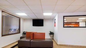 A lobby with a sectional sofa, a flat-screen TV, a patterned rug, and a potted plant.