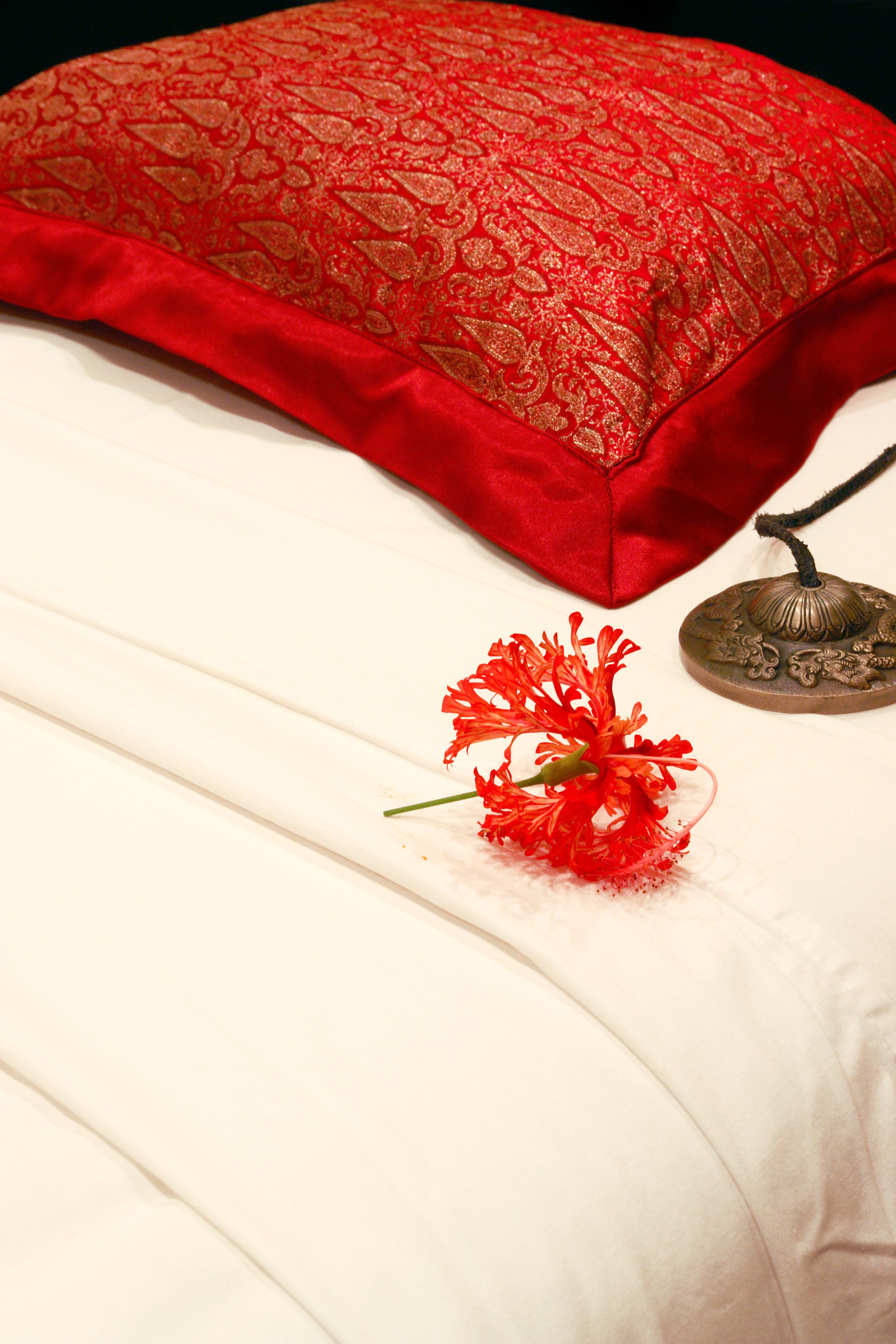 A bed with a red pillow and a decorative metal object on it.