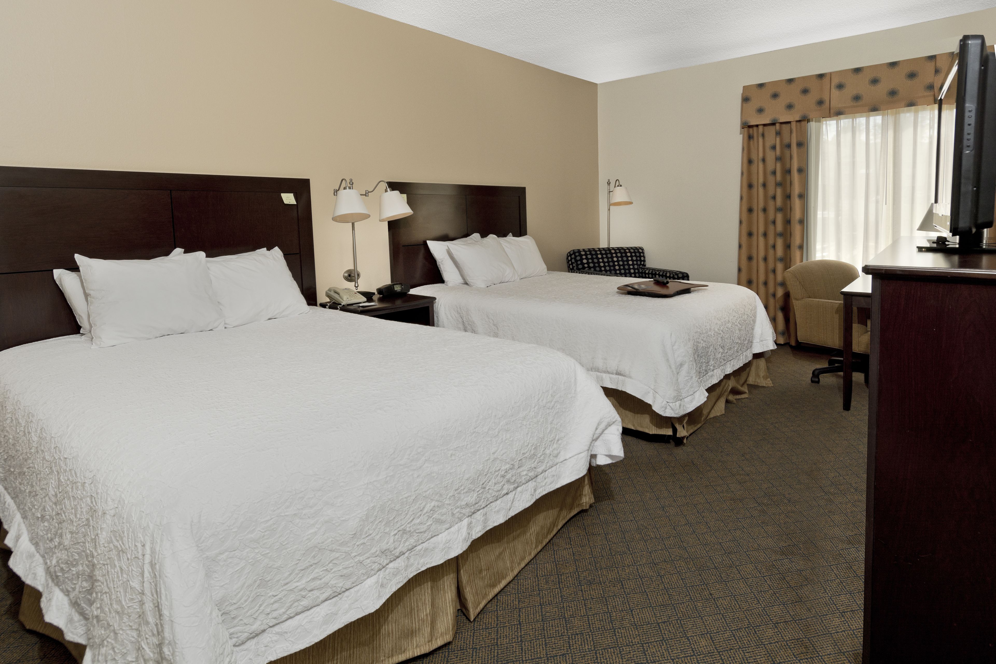 A hotel room with two beds, a desk, a chair, and a television.