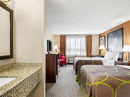 Room, 2 Double Beds, Non Smoking | In-room safe, desk, iron/ironing board, cots/infant beds. Super 8 by Wyndham Sturtevant/Racine
