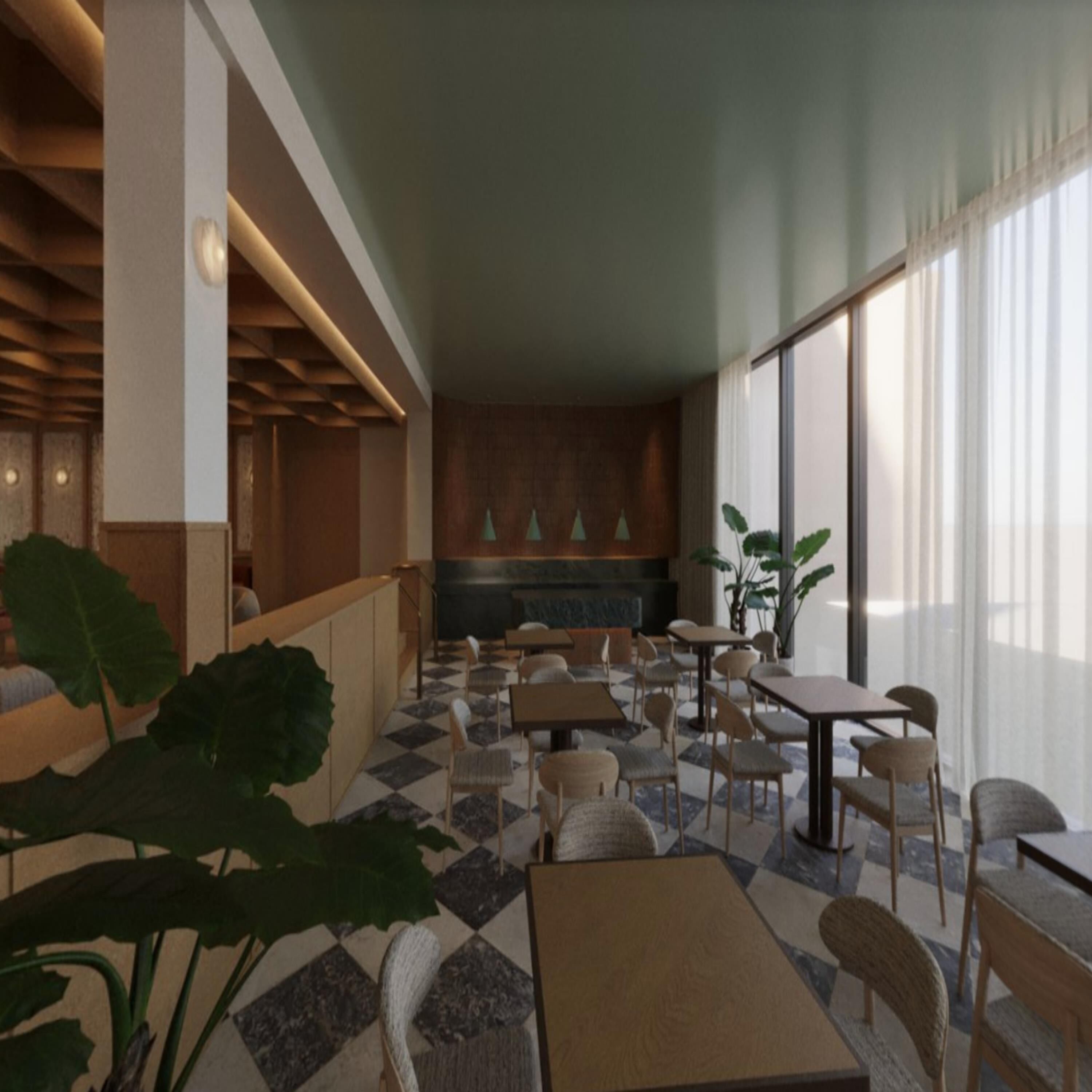 A spacious indoor area with multiple tables and chairs, a large plant, and a seating area with a wooden ceiling and a wall with a textured pattern.