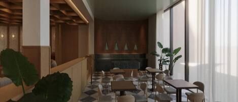 A spacious indoor area with multiple tables and chairs, a large plant, and a seating area with a wooden ceiling and a wall with a textured pattern.