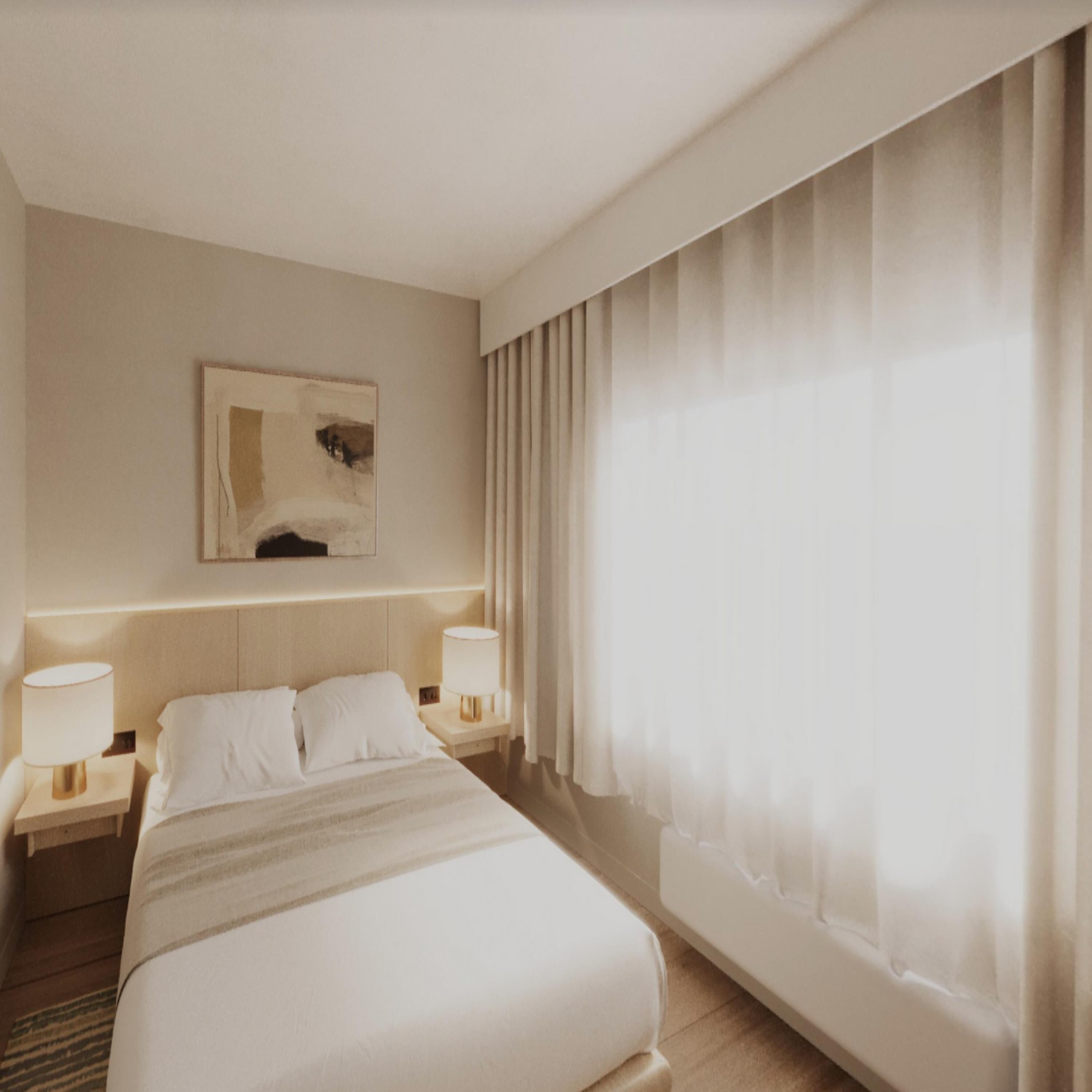 A hotel room with a large bed, two bedside tables with lamps, a painting on the wall, and a large window with curtains.