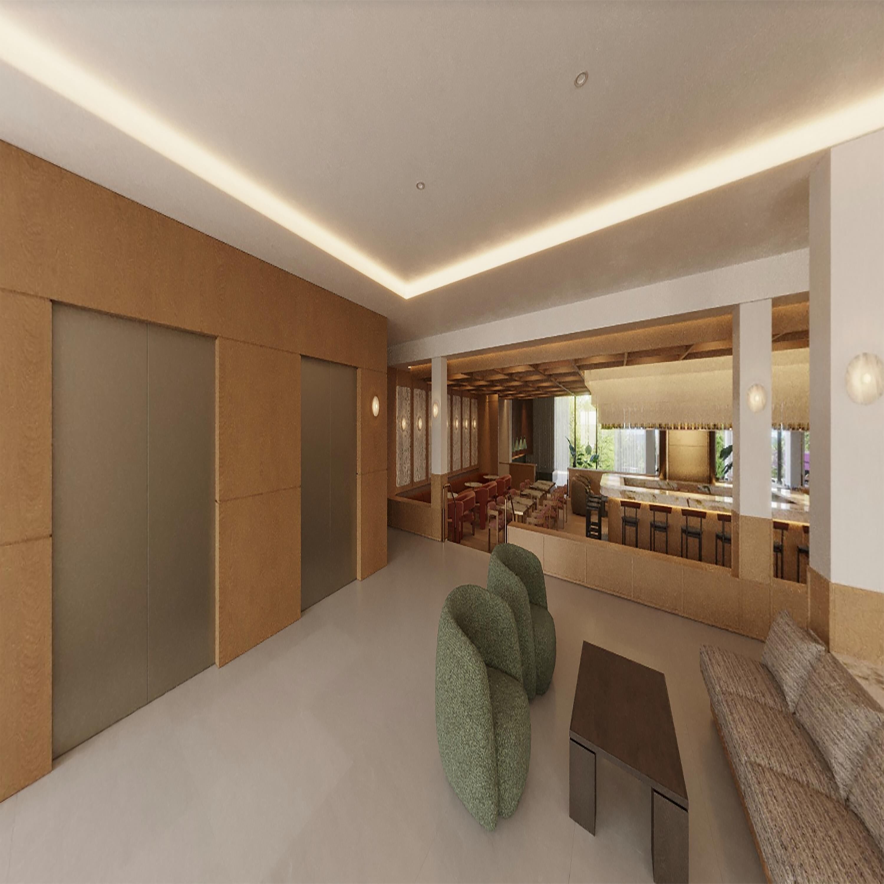 A modern interior with a seating area, a bar, and a dining space.