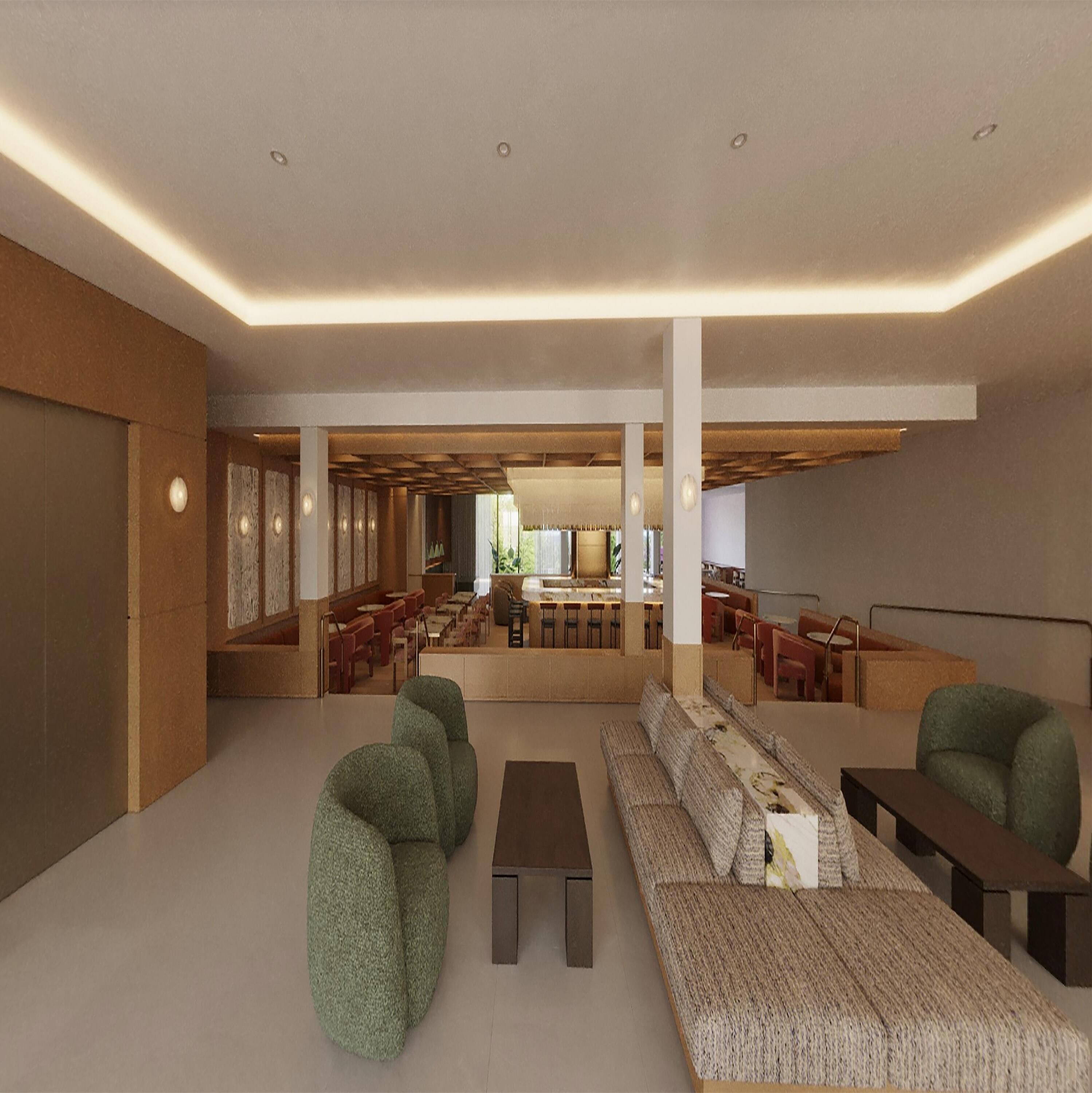 Un intérieur moderne avec un espace salon central, un bar et un coin repas.