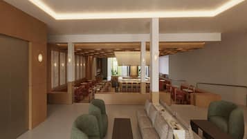 Un intérieur moderne avec un espace salon central, un bar et un coin repas.