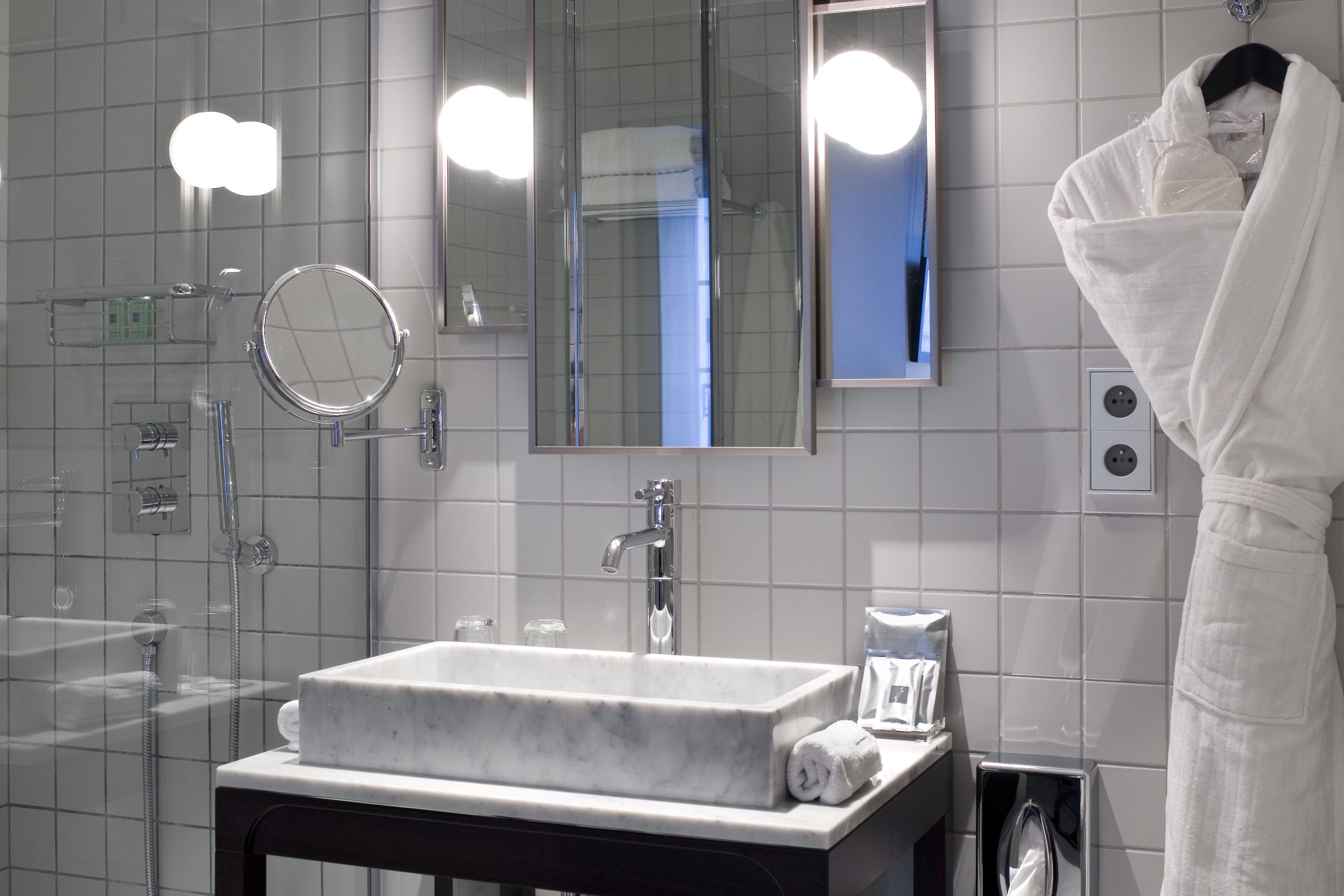 shower, rainfall showerhead, designer toiletries, hair dryer