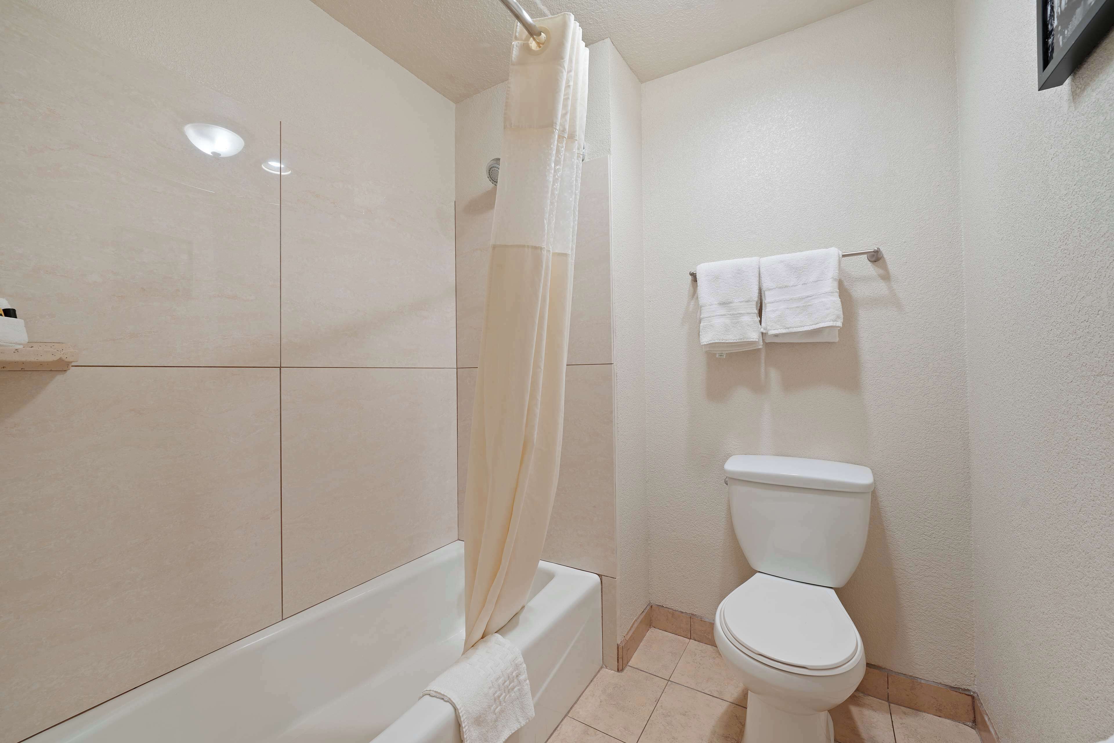A bathroom with a bathtub, shower curtain, toilet, and a towel rack with two towels.