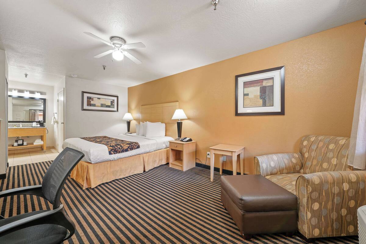 A hotel room with a bed, a desk, a chair, a sofa, a small table, a lamp, a ceiling fan, and a framed picture on the wall.