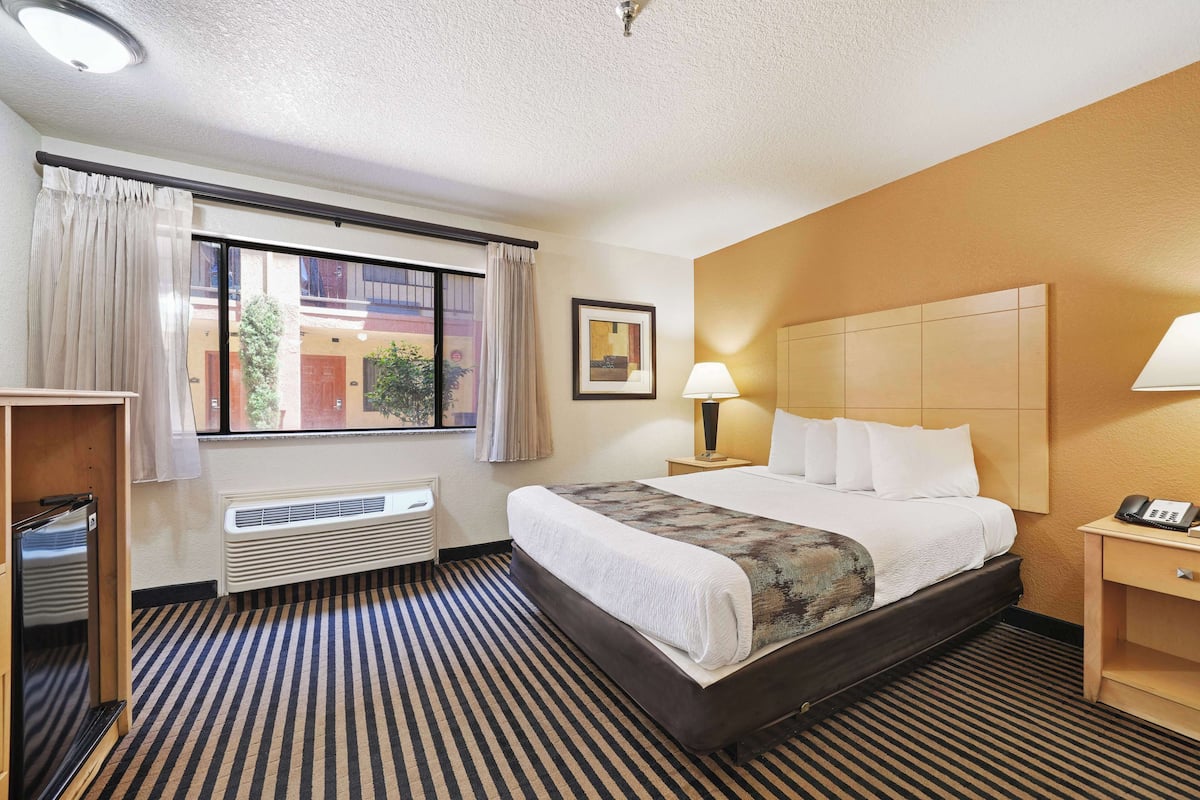 A hotel room with a large bed, a bedside table with a lamp, a heater, a window with curtains, and a view of the outside.