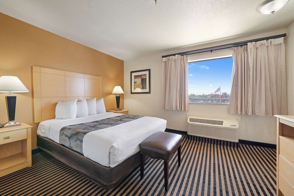 A hotel room with a large bed, bedside lamps, a window with curtains, and a view of a flag.