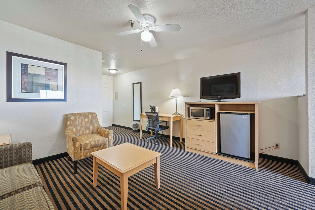 A hotel room with a bed, a desk, a chair, a television, a microwave, and a ceiling fan.
