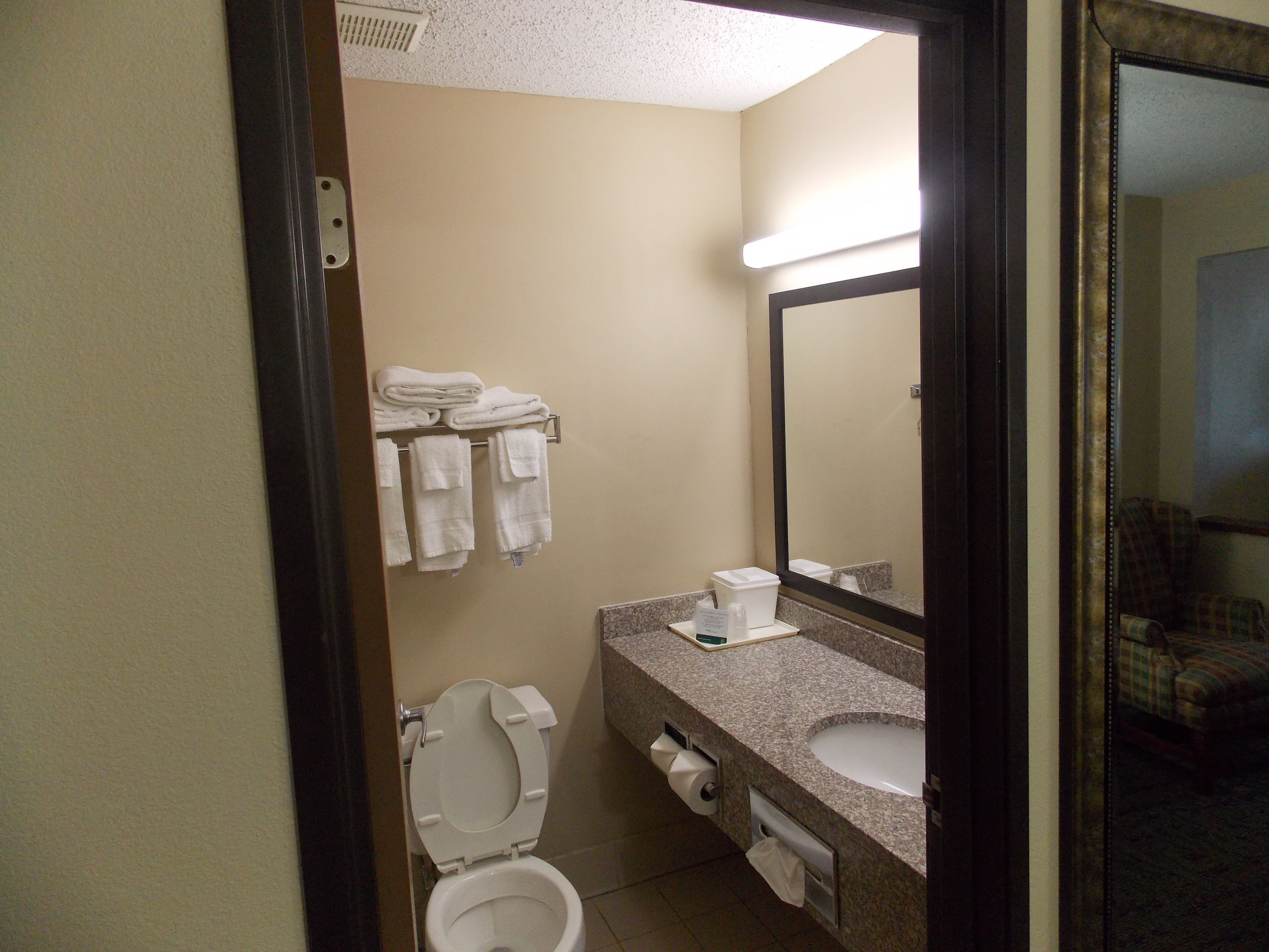 A small bathroom with a toilet, sink, and a mirror. There are towels hanging on a rack and a trash bin on the counter.