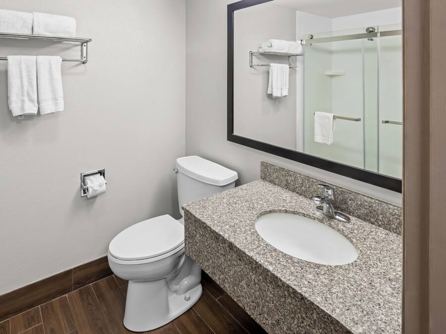 A modern bathroom with a toilet, sink, and a large mirror.