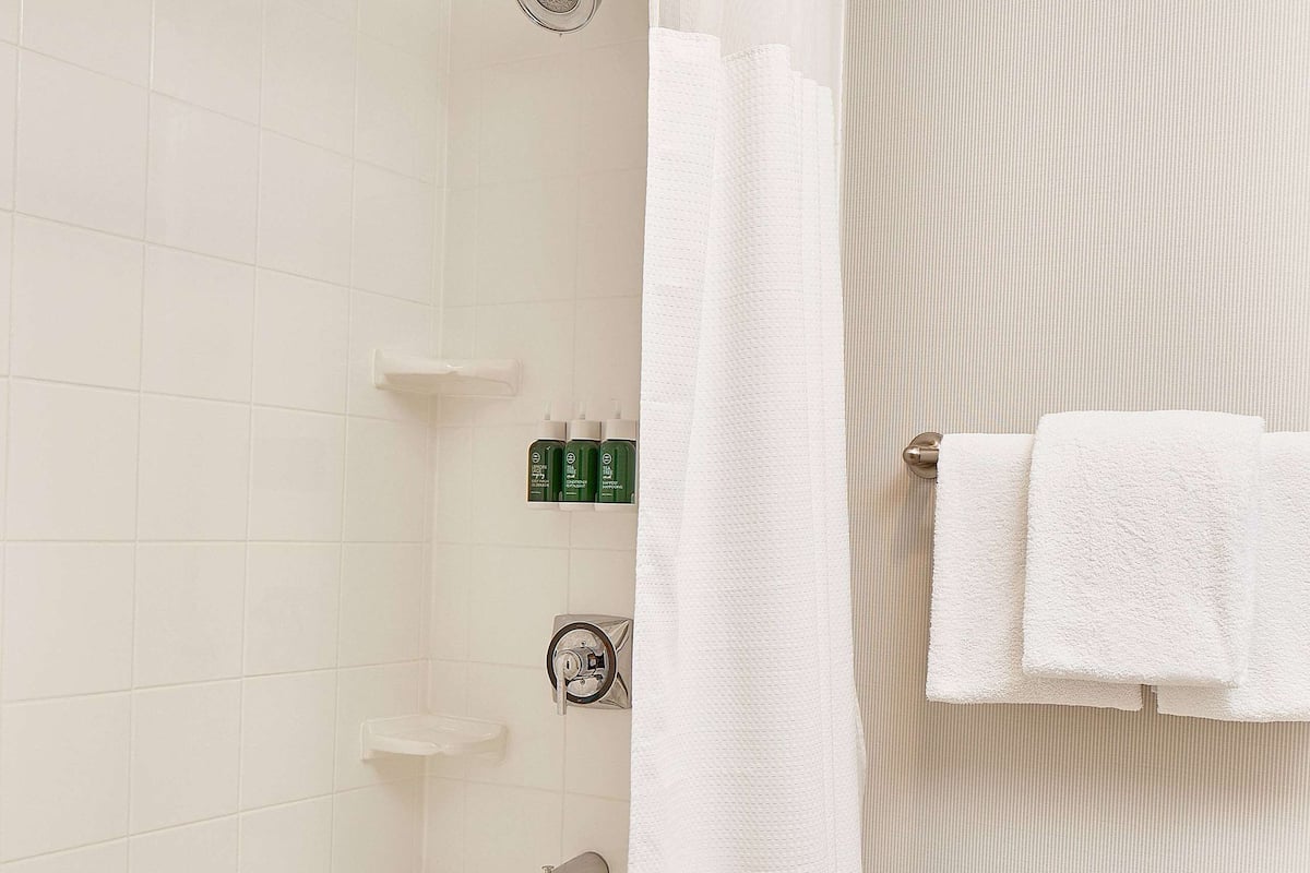 combined shower/bathtub, eco-friendly toiletries, hair dryer, towels