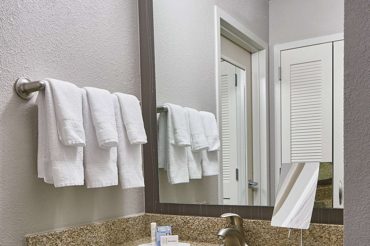 combined shower/bathtub, eco-friendly toiletries, hair dryer, towels