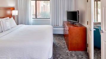 A hotel room with a large bed, a TV on a wooden dresser, and a view of the outdoors through the window.