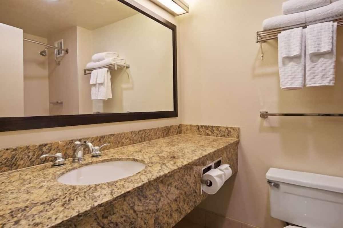 Combined shower/bathtub, eco-friendly toiletries, hair dryer, towels