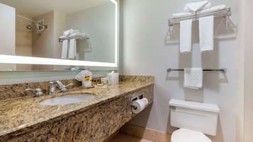 Combined shower/tub, eco-friendly toiletries, hair dryer, towels