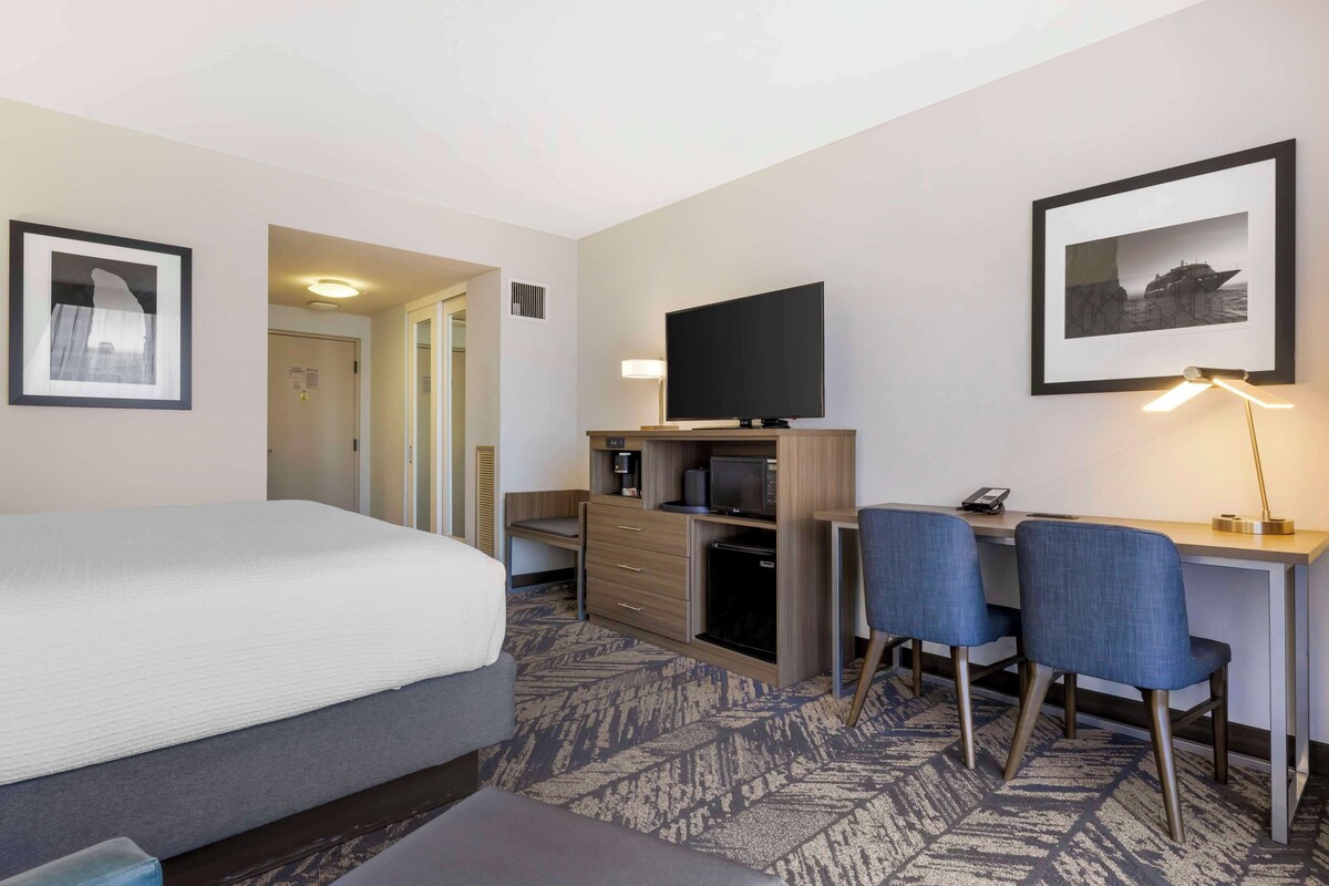 A hotel room with a bed, desk, two chairs, a television, and a framed picture on the wall.