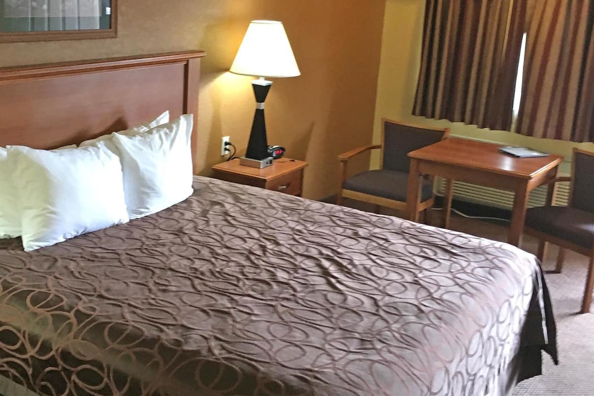 A hotel room with a large bed, a bedside table with a lamp, a chair, and a small desk.