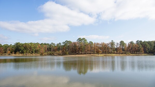 A calm lake with a forested shoreline and a clear sky. - Executive Inn and Suites (Center)