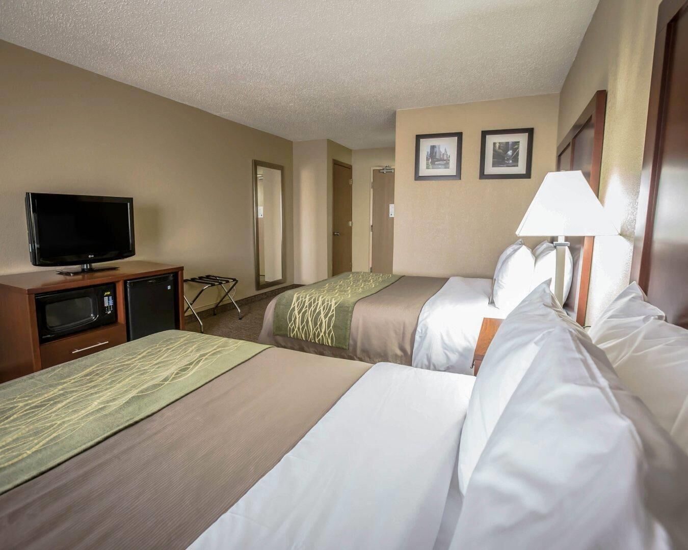 Habitación de hotel con dos camas, televisión, microondas y refrigerador pequeño.