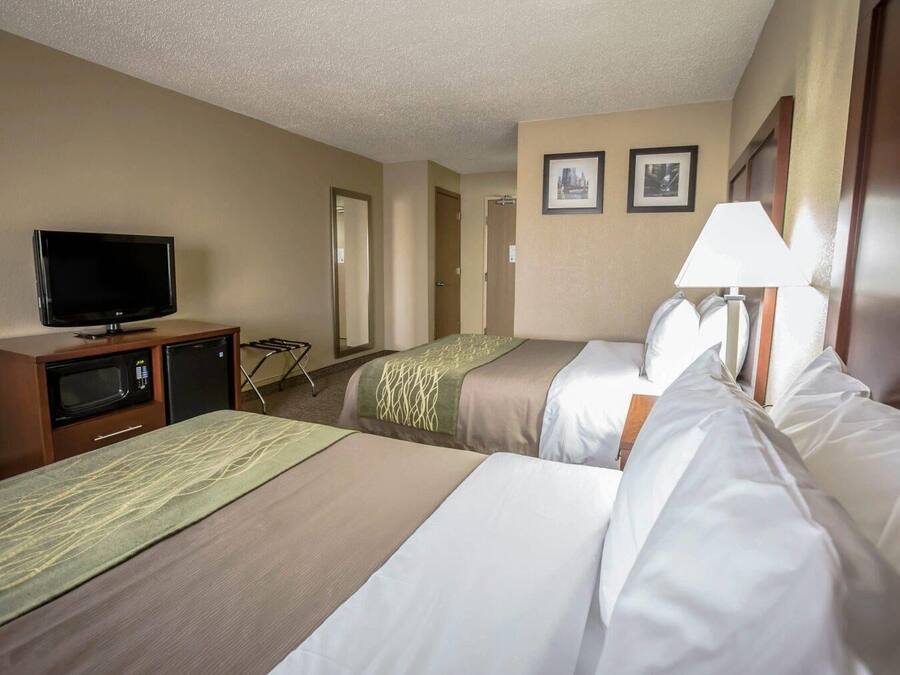 Quarto de hotel com duas camas, televisão, micro-ondas e pequeno frigorífico.