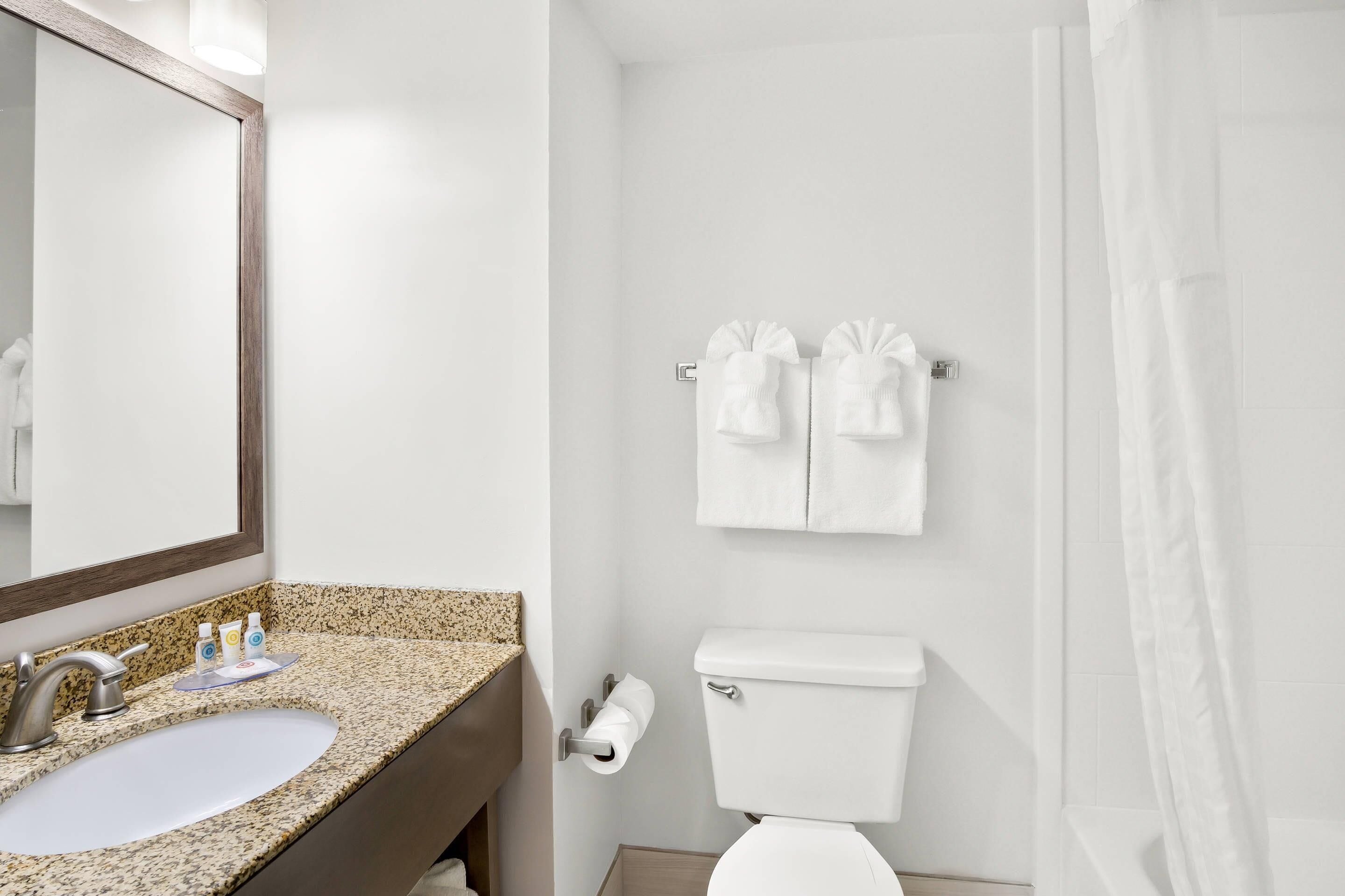 A bathroom with a granite countertop sink, a mirror, a toilet, and a shower curtain.