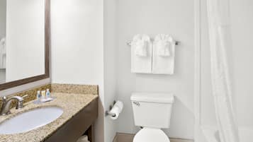 Un baño con lavamanos de encimera de granito, un espejo, inodoro y cortina de ducha.