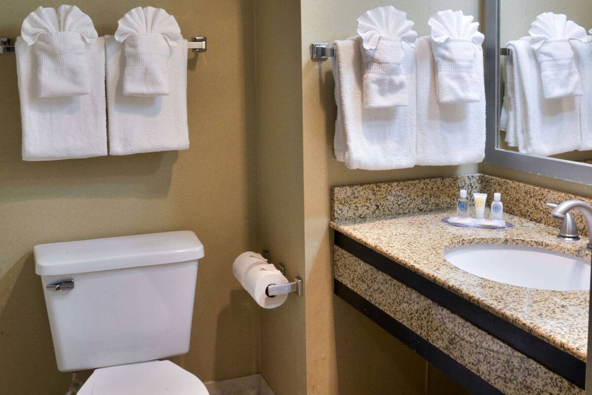 A bathroom with a toilet, a roll of toilet paper, a sink with a mirror, and towels hanging on a rack.