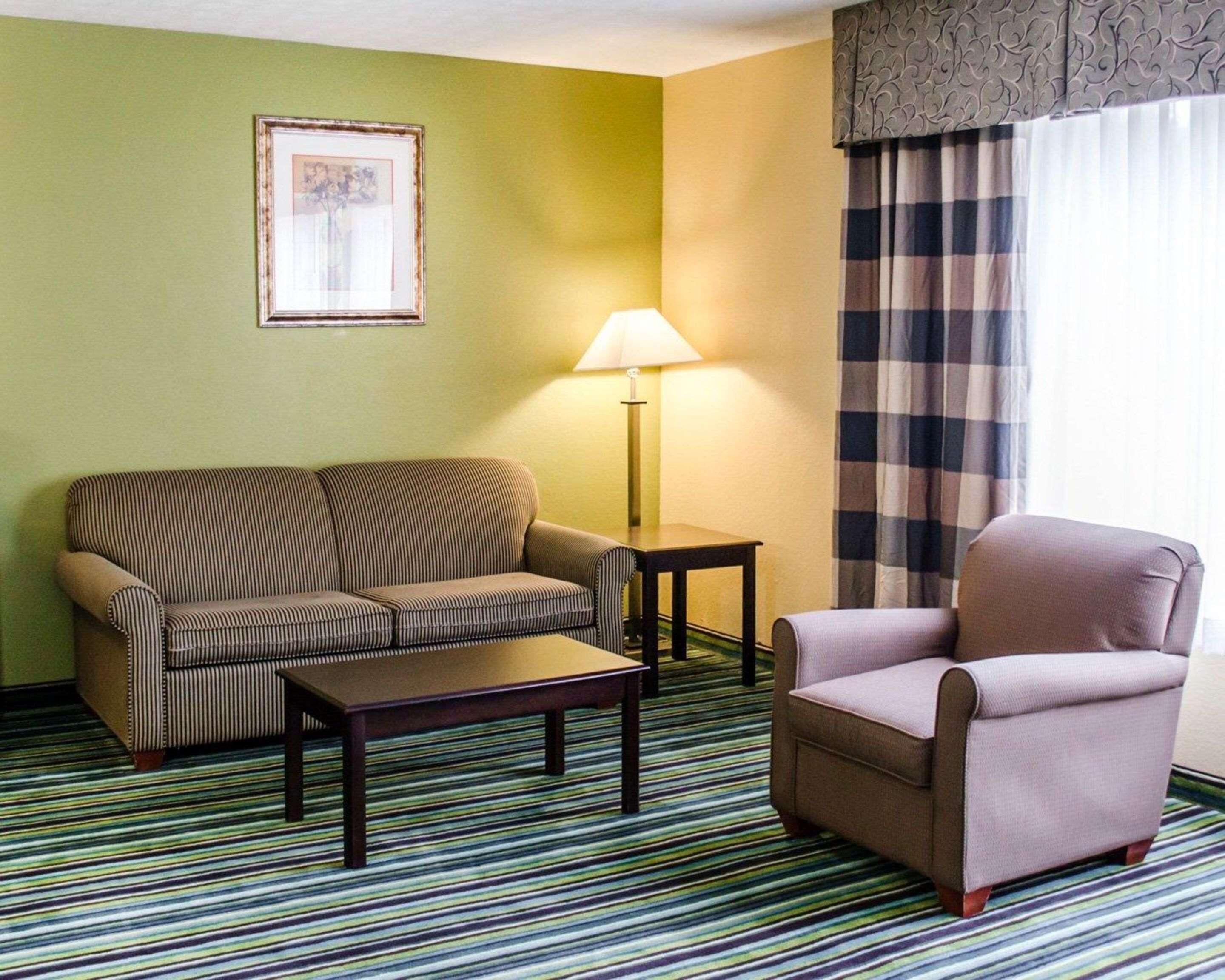 Una habitación de hotel con un sofá a rayas, una mesita, una silla, una lámpara y una alfombra a rayas.