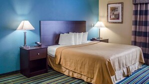 A hotel room with a large bed, two bedside tables, a telephone, and a framed picture on the wall. - Quality Inn & Suites Medina - Akron West (Medina)