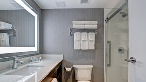 A modern bathroom with a large mirror, a sink, a toilet, and a glass-enclosed shower. - Holiday Inn Mississauga Toronto West by IHG (Mississauga)