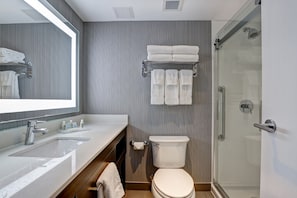 Un bagno moderno con uno specchio grande, un lavandino, un water e una cabina doccia in vetro.