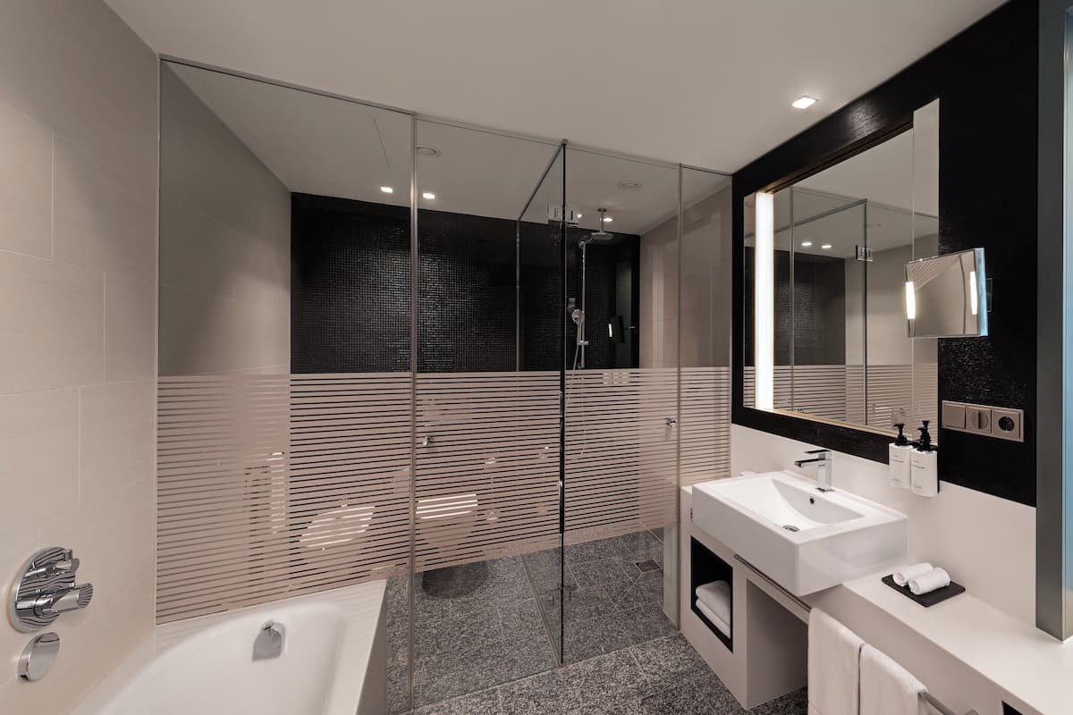 Combined shower/tub, deep soaking tub, rainfall showerhead, hair dryer