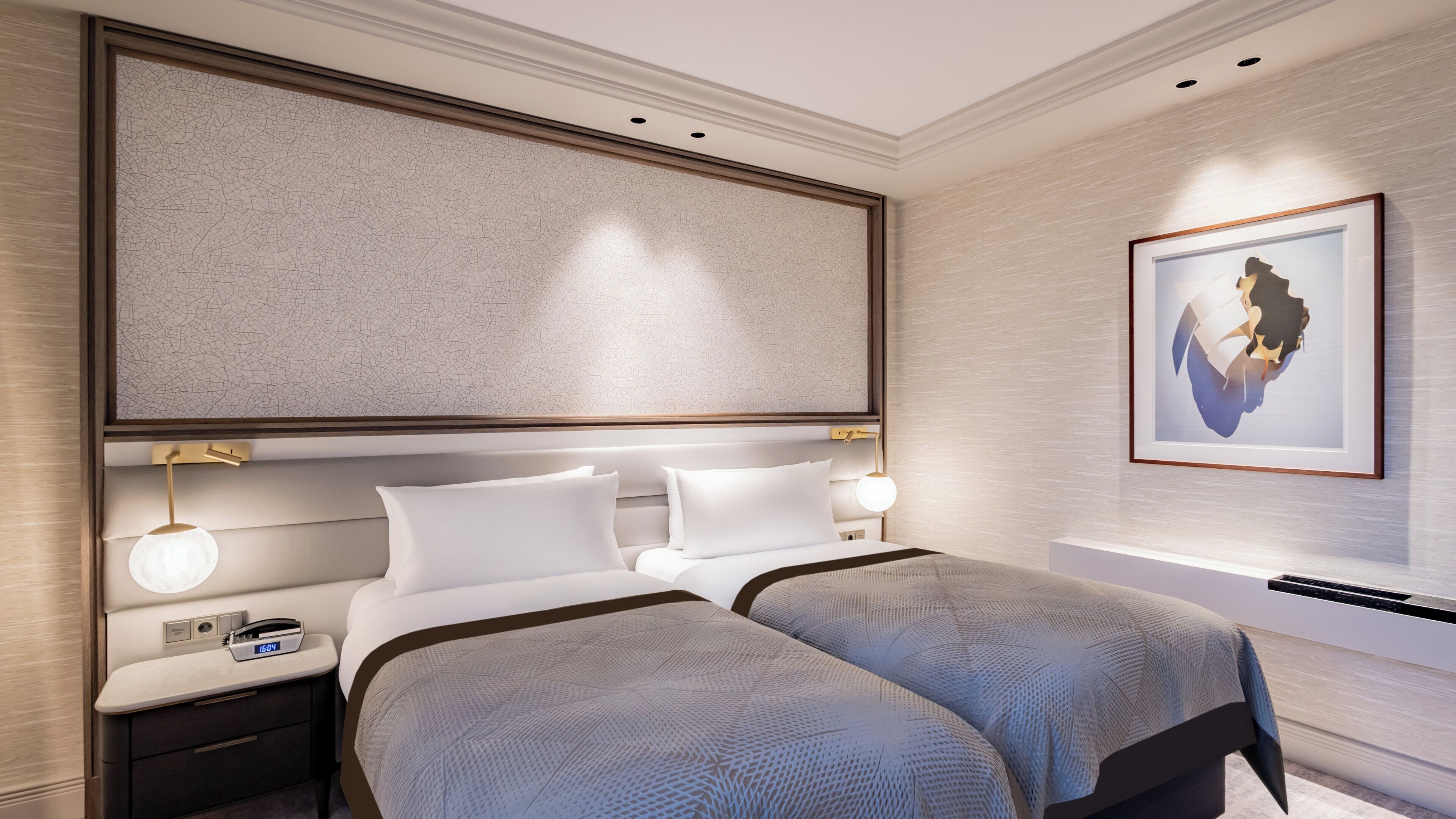 A hotel room with a large bed, bedside tables, a clock, and a framed artwork on the wall.
