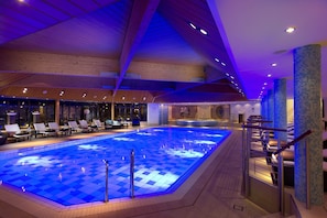 Indoor pool, open 7:00 AM to 9:00 PM, sun loungers