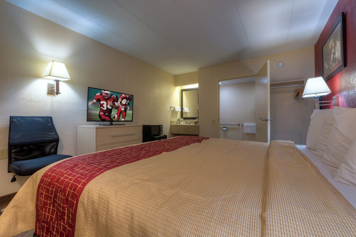 A hotel room with a bed, a desk, a chair, a television, and a bathroom door.
