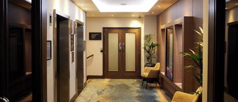 A hotel hallway with a carpeted floor, wooden doors, and a chair.
